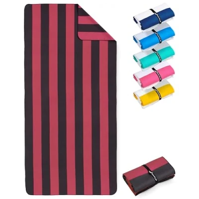 Immagine di Fit Flip Telo Mare microfibra leggero, fine e ad asciugatura rapida asciugamano grande teli antisabbia da spiaggia 100% riciclato rigato rosso bordeaux grigio scuro 160cmx90cm