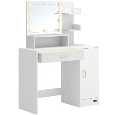 Immagine di CASARIA® Tavolino da Trucco Jocelyn Specchio con LED 1 Cassetto 3 Ripiani Make Up Bianco