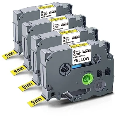 Immagine di UniPlus 4x Nastro Per Etichette Compatibile Etichettatrice Brother P Touch TZe 621 TZ Tape 9mm Nero su Giallo, H105 H107 H110 1000 7100