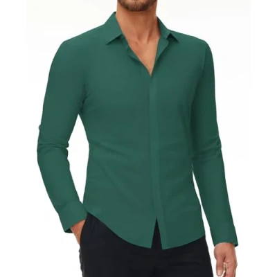 Immagine di DEMEANOR Camicia elasticizzata da uomo a maniche lunghe, slim fit, business, senza stiratura, uomo, per il tempo libero, verde, L