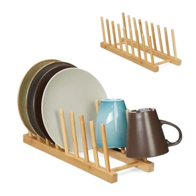 Immagine di Relaxdays Set 2 Scolapiatti, per 8 Ognuno, Porta Piatti, Coperchi o Taglieri, Supporto in bambù, Legno Naturale