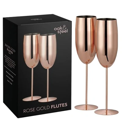 Immagine di Oak &amp; Steel 2 Flutes da Champagne in Rame (280ml) Bicchieri Prosecco Acciaio Inossidabile Color Oro Rosa, Infrangibili Metallo con Scatola Regalo, S1063