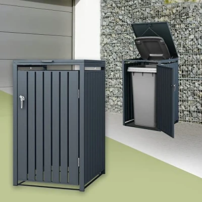 Immagine di ML Design Copribidone per Spazzatura Singolo Contenitore Pattumiera Cassonetti Rifiuti 240L 68 x 80 116,3 cm Box in Acciaio Antracite Richiudibile Coperchio Ribaltabile a Cerniera e Porta Resistente