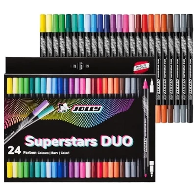 Immagine di JOLLY Next Generation Superstars Duo Pennarelli in fibra di alta qualità, lavabili con due punte, punta e spessa, design nero, 24 colori