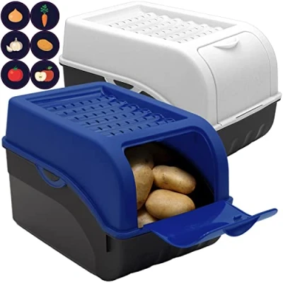 Immagine di ARTECSIS Set di 2 contenitori per patate, blu scuro e bianco, con coperchio circa 4 kg patate + 6 adesivi verdure