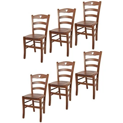 Immagine di t m c s Tommychairs Set 6 sedie modello Cuore per cucina bar e sala da pranzo, robusta struttura in legno di faggio color noce chiaro seduta