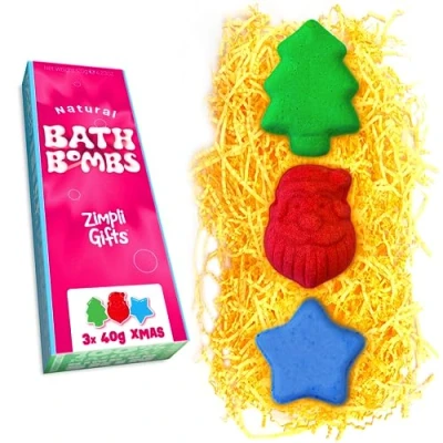 Immagine di 3 x set regalo di bombe da bagno natalizie Zimpli Gifts, riempimento calze per donne e bambini, vaporizzatori bagno, bellezza le terme