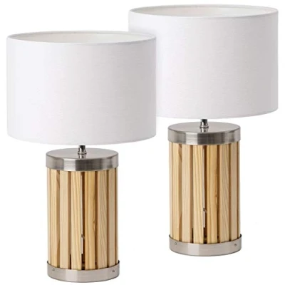 Immagine di BRUBAKER Set di 2 lampade da tavolo o comodino altezza 41 cm base legno/metallo e paralume tessile beige