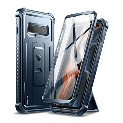 Immagine di Dexnor Custodia per Samsung Galaxy S10 plus, protezione schermo integrata e cavalletto resistente di grado militare, antiurto, colore: blu