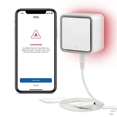 Immagine di EVE Water Guard Rilevatore intelligente di perdite d&#039;acqua, cavo 2 m, sirena da 100 dB, allarme d&#039;acqua su iPhone, iPad, Apple Watch (Apple HomeKit), Bluetooth, Thread, Bianco