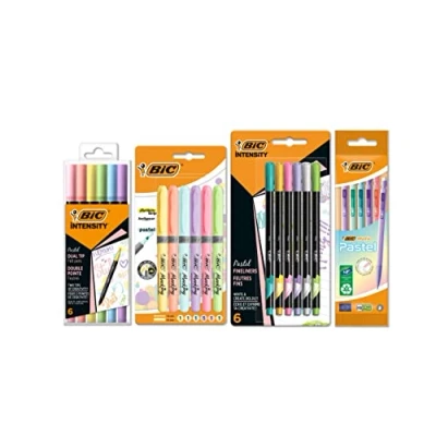 Immagine di BIC Intensity, Set Cancelleria Colori Pastello, 6 Brush Pen Colorati 2 in 1, Evidenziatori Fineliner e 5 portamine Matic, 23 Unità, Studenti