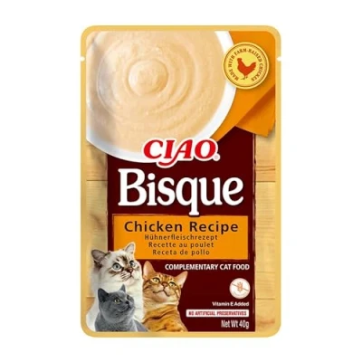 Immagine di INABA CIAO Bisque di Pollo, Cibo Umido per Gatti Crema Sana e Deliziosa ad Alto Contenuto Umidità Complementare Senza Conservanti o Coloranti Artificiali, Grain Free 1 x 40gr