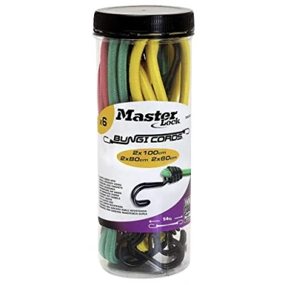 Immagine di Master Lock 3040EURDAT Cavi Elastici con Ganci Invertito Adatto per Giardinaggio, Trasporto, Trasloco, Campeggio, Rosso/Verde/Giallo, 2 x 60 cm + 80 100 cm, Set di 6 Pezzi