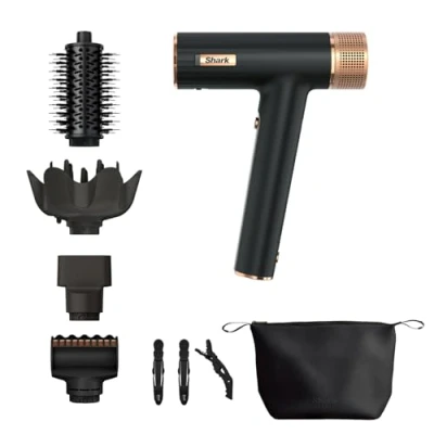 Immagine di Shark SpeedStyle Asciugacapelli a Ioni e RapidGloss Finisher con Custodia Mollette, 5 Styler, Asciugatura Veloce Senza Danni, Riduce l&#039;Effetto Crespo, Tutti i Tipi di Capelli, Rame/Nero, HD353BKEU