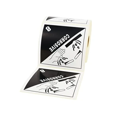 Immagine di Prolac Adesivi in bianco/nero, 100 x mm, classe 8, tessuti corrosivi, 500 etichette autoadesive su rotolo, per spedizioni come etichettatura di merci pericolose, adesive