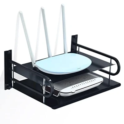 Immagine di Supporto per Router Rack, Scaffale Parete Proiettori, Mensola Galleggiante Multimediale Lettori Blu ray/Console di Gioco/Ricevitori Hi Fi/Modem/Media Box e Casse (2 Ripiani, Grande)