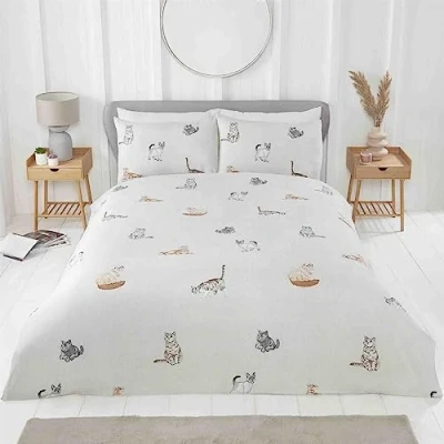 Immagine di Rapport Home Purrfect Set di biancheria da letto con gatti, in microfibra, 180 fili, reversibile, per singolo, colore: grigio