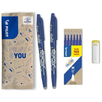 Immagine di Pilot, 2 Penne Frixion Ball, 1 set da 6 Ricariche e cancellino Remover, Penna cancellabile Ball fatta con plastica riciclata, Colore blu, Punta Media