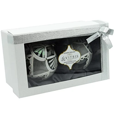 Immagine di Vitbis Set di 2 decorazioni per albero Natale, 10 cm, trasparenti, bianco e argento, con strass iridescenti glitterati, dipinte a mano, confezione regalo nastro