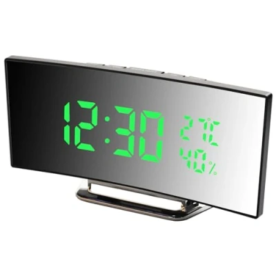 Immagine di Yanatuse Sveglia Digitale, Curva LED, 12/24 ore, 2 Allarme, Visualizzazione di Data, Temperatura e Umidità, Luminosità Regolabile, Snooze, Alimentazione USB, Funzione Memoria (verde 01)