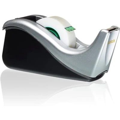 Immagine di Scotch Dispenser Ricaricabile per Nastro Adesivo Largo 19 mm e Lungo 33 m, Porta Accessori Scrivania Ufficio, Colore Argento Nero