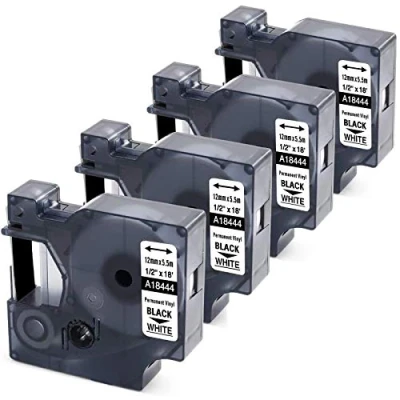 Immagine di MarkField 4x Nastro Compatibile per Dymo 18444 S0718600 Industriale Etichette Autoadesive in vinile, Rhino 4200 5000 5200 6000, Nero su Bianco 12mm x 5,5m