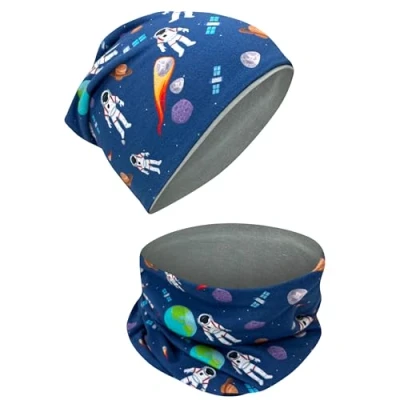 Immagine di HECKBO Berretto Modello Beanie + Girocollo per Bambini Cuffia Reversibile con astronauta da 2 anni 95% Cotone Morbido e Pratico Tessuto Elasticizzato
