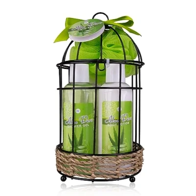 Immagine di Accentra Set doccia da donna ALOE VERA in un bellissimo cestello metallico di cura 5 pezzi con gel doccia, lozione per il corpo, sali bagno e bagnoschiuma regalo compleanno,