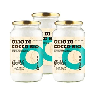 Immagine di Olio di Cocco Biologico Extra Vergine CocoNativo 3x1000ml Crudo e Spremuto a Freddo; Organico Puro; Non Processato, (Bio Nativo), Ideale per Capelli, il Corpo ad Uso Alimentare