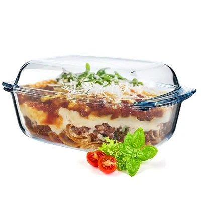 Immagine di KADAX Teglia in vetro con coperchio resistente al calore, recipiente ignifugo per lasagne, stufato di verdure, arrosto arrostire forno (rettangolare 5,8 L)