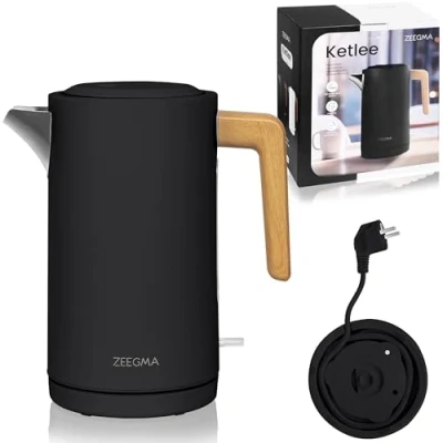 Immagine di ZEEGMA KETLEE Bollitore Elettrico senza Fili 1,7 L per Tè Caffè, Potenza 2200 W, Indicatore Livello Acqua, Spegnimento automatico, Acciaio INox, Design moderno ed elegante (Nero, KETLEE)