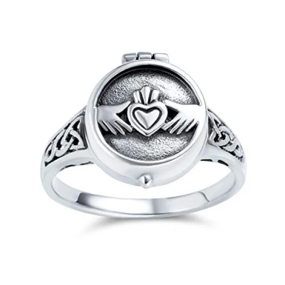 Immagine di BFF Celtic Irish Friendship Couples Promise Heart Memorial Keepsake Claddagh Locket Ring Per gli uomini le donne Ossidato .925 Sterling Silver
