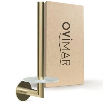 Immagine di ovimar Portarotolo di ricambio dorato da incollare, 3 m, in acciaio inox e vetro, senza foratura, autoadesivo fino a 2 rotoli, anche come porta rotolo cucina