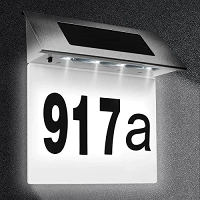 Immagine di COEKI Numero civico in acciaio inox solare illuminato A 4 LED con interruttore crepuscolare IP65 impermeabile all&#039;aperto numeri 0 9 e lettere H