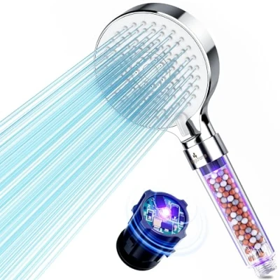 Immagine di Magichome soffione doccia con filtro a 3 strati e 395 nm 400 nm, luce UV, 5 tipi di getto, ad alta pressione, per acqua dura, cloro residuo