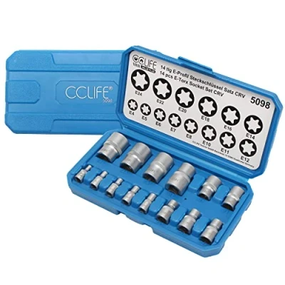 Immagine di CCLIFE 14 pezzi bussole Torx Femmina set Bussola 1/4&quot; 3/8&quot; 1/2&quot; Chiavi a Torx, profilo E, Femmina, E4 24