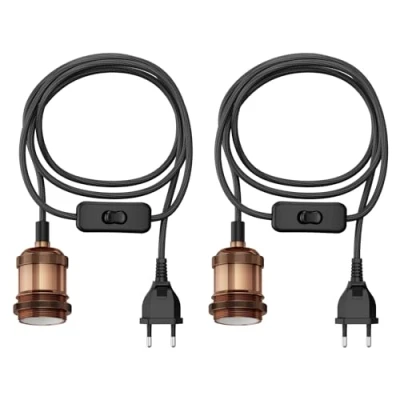 Immagine di ledscom.de 2 pezzi cavo tessile RETRA, spina, interruttore, bronzo, 3 m, presa lampada, 1x E27 max. 60W