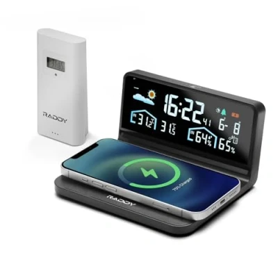 Immagine di Raddy DT5 W Stazione Meteo Senza fili con Sensore Esterno, Display a Colori Grandangolare, Ricarica Wireless QI da 15 W, Funzione Sveglia e Snooze, Previsioni Meteo, Retroilluminazione Regolabile
