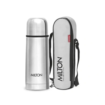 Immagine di MILTON Thermosteel Flask con coperchio ribaltabile 350, isolamento sottovuoto a doppia parete, Borraccia per acqua calda e fredda 24 ore coperchio, acciaio inossidabile 18/8, (Argento,350 ml)