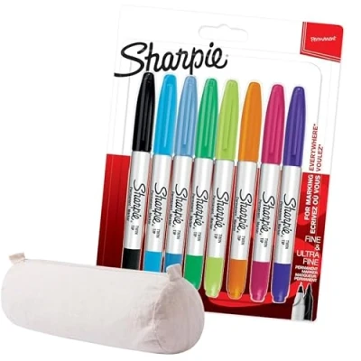 Immagine di SHARPIE pennarelli indelebili a doppia punta, punta fine e ultra fine, colori assortiti, 8 + 1 inchiostro blu SGel con custodia in cotone
