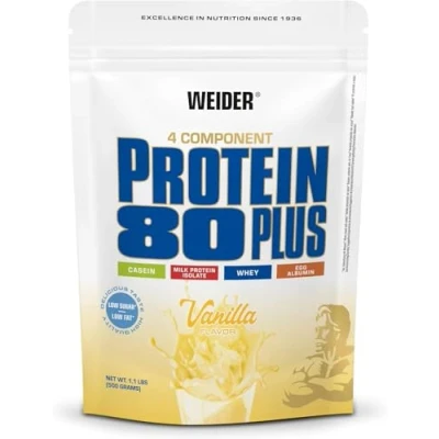 Immagine di WEIDER Protein 80 Plus multicomponenti, vaniglia, proteine in polvere per shake cremosi, mix di del siero latte, caseina, isolate latte e uovo, pochi grassi zuccheri, 1x500g