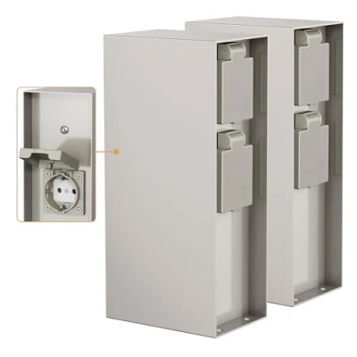 Immagine di ledscom.de 2 pz. presa da giardino a colonna POMI per esterni, IP44, sensore crepuscolare, 3 vie, acciaio inox, angolare, 23 cm