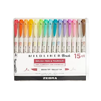 Immagine di Zebra Mildliner Double Ended Brush Pen &amp; Marker 15/Pkg Assorted Colors 79115