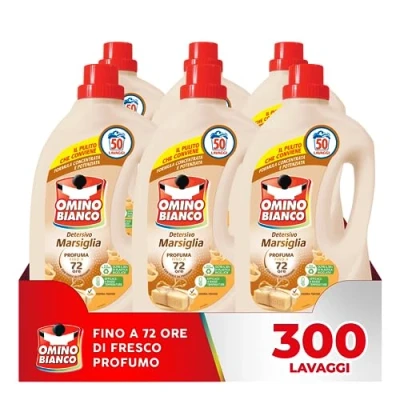 Immagine di Omino Bianco Detersivo Lavatrice Liquido, 300 Lavaggi, Rispetta Colori e Tessuti, Fresco Profumo con Essenza Cuore di Marsiglia, 2000 ml x 6 Confezioni