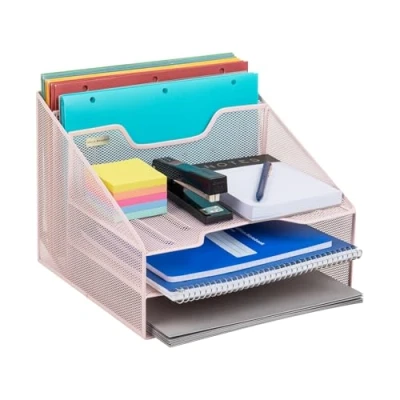 Immagine di Mind Reader Organizer da scrivania, porta documenti verticale, vassoi per carta, ufficio, rete metallica, 31,8 cm L x 29,2 24,1 H, rosa