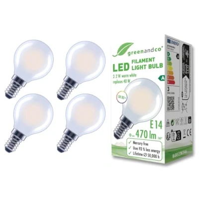 Immagine di greenandco 4 lampadine A filamento LED smerigliate E14 G45 2,2 W 470 lm sostituisce 40 2700 K bianco caldo 320 230 V senza sfarfallio Classe energetica non dimmerabile