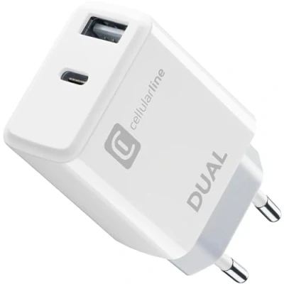 Immagine di Cellularline Caricabatterie da rete con 2 porte USB e C per la carica simultanea di due dispositivi Apple