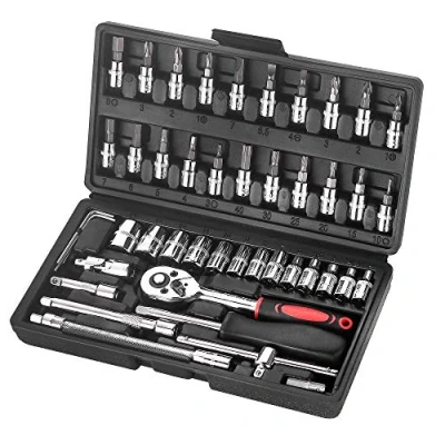 Immagine di Wopeite 46 Pezzi Set di Chiavi a Bussola con Cricchetto 1/4&quot; Cromo Vanadio Cr V per auto fai da te Punte PH e PZ