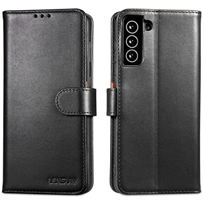 Immagine di Lensun Custodia per Samsung Galaxy S21 Plus, Cover in Vera Pelle [Supporto Stand] Libro con Portafoglio Chiusura Magnetico Flip Custodie Cuoio Plus/S21+ 5G Nero