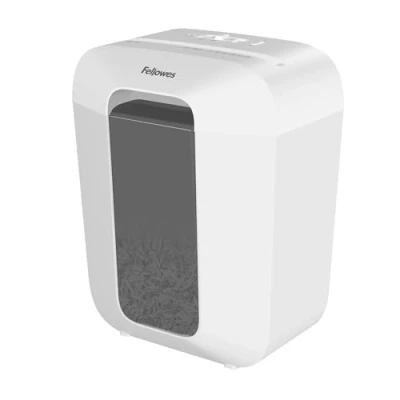Immagine di Fellowes distruggi documenti a frammento LX50, 9 fogli, per casa e piccolo ufficio, uso personale, cestino da 17 litri, distruggidocumenti con blocco di sicurezza, bianco